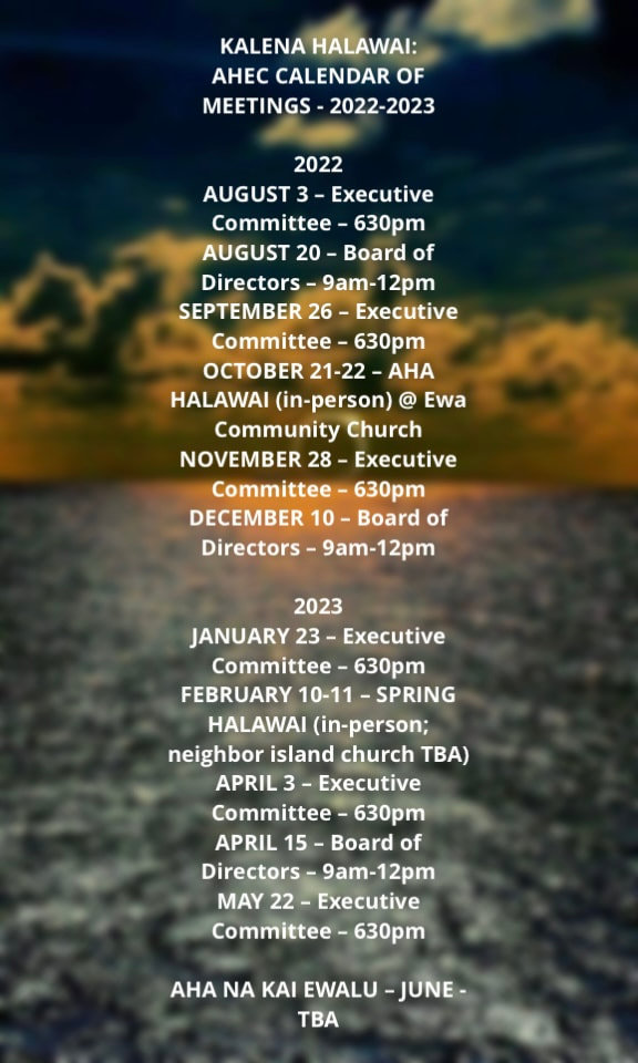 KALENA HALAWAI:
AHEC CALENDAR OF MEETINGS - 2022-2023
 
2022
AUGUST 3 – Executive Committee – 630pm
AUGUST 20 – Board of Directors – 9am-12pm
SEPTEMBER 26 – Executive Committee – 630pm
OCTOBER 21-22 – AHA HALAWAI (in-person) @ Ewa Community Church
NOVEMBER 28 – Executive Committee – 630pm
DECEMBER 10 – Board of Directors – 9am-12pm
 
2023
JANUARY 23 – Executive Committee – 630pm
FEBRUARY 10-11 – SPRING HALAWAI (in-person; neighbor island church TBA)
APRIL 3 – Executive Committee – 630pm
APRIL 15 – Board of Directors – 9am-12pm
MAY 22 – Executive Committee – 630pm
 
AHA NA KAI EWALU – JUNE - TBA